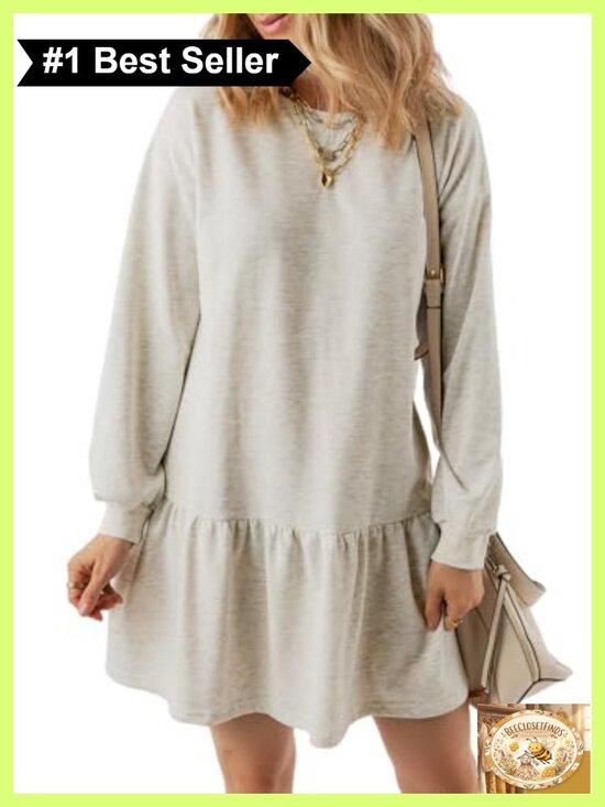 Dresses & Skirts - Long Sleeve Ribbed Knit A-Line Mini Dress Ruffle Hem Pullover